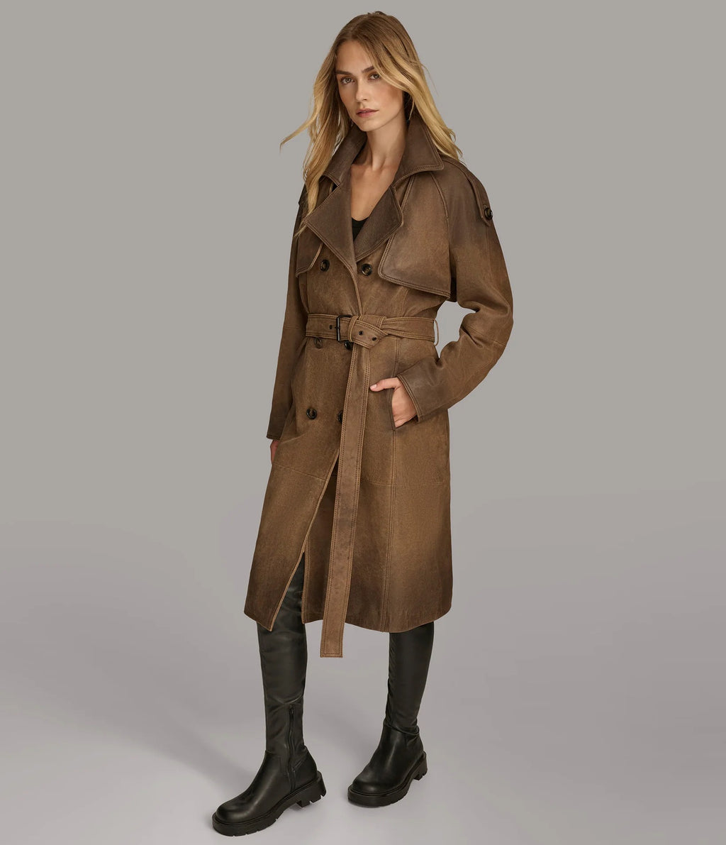 Women's Brown Ellie Distressed Leather Trench Coat