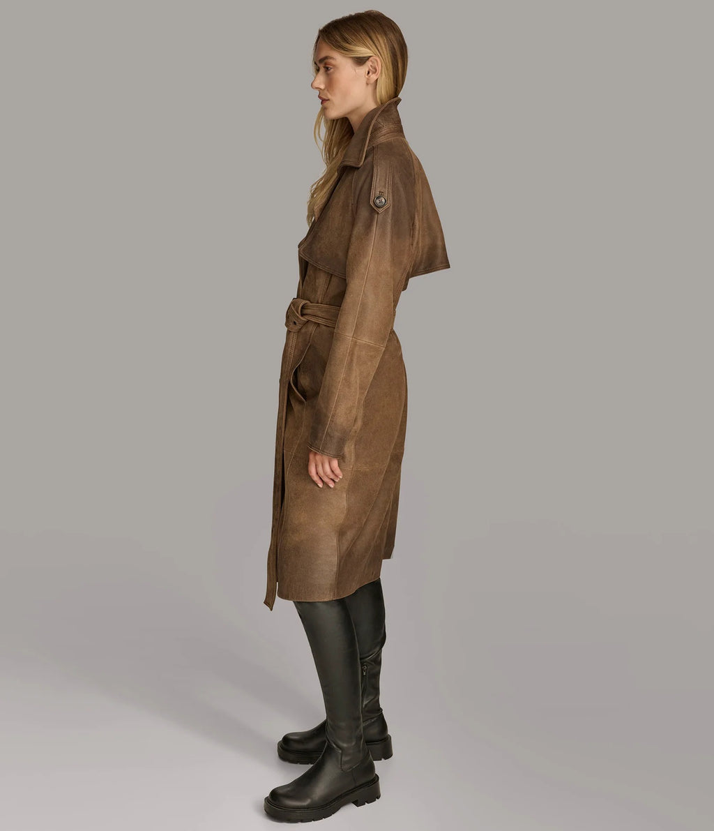 Women's Brown Ellie Distressed Leather Trench Coat