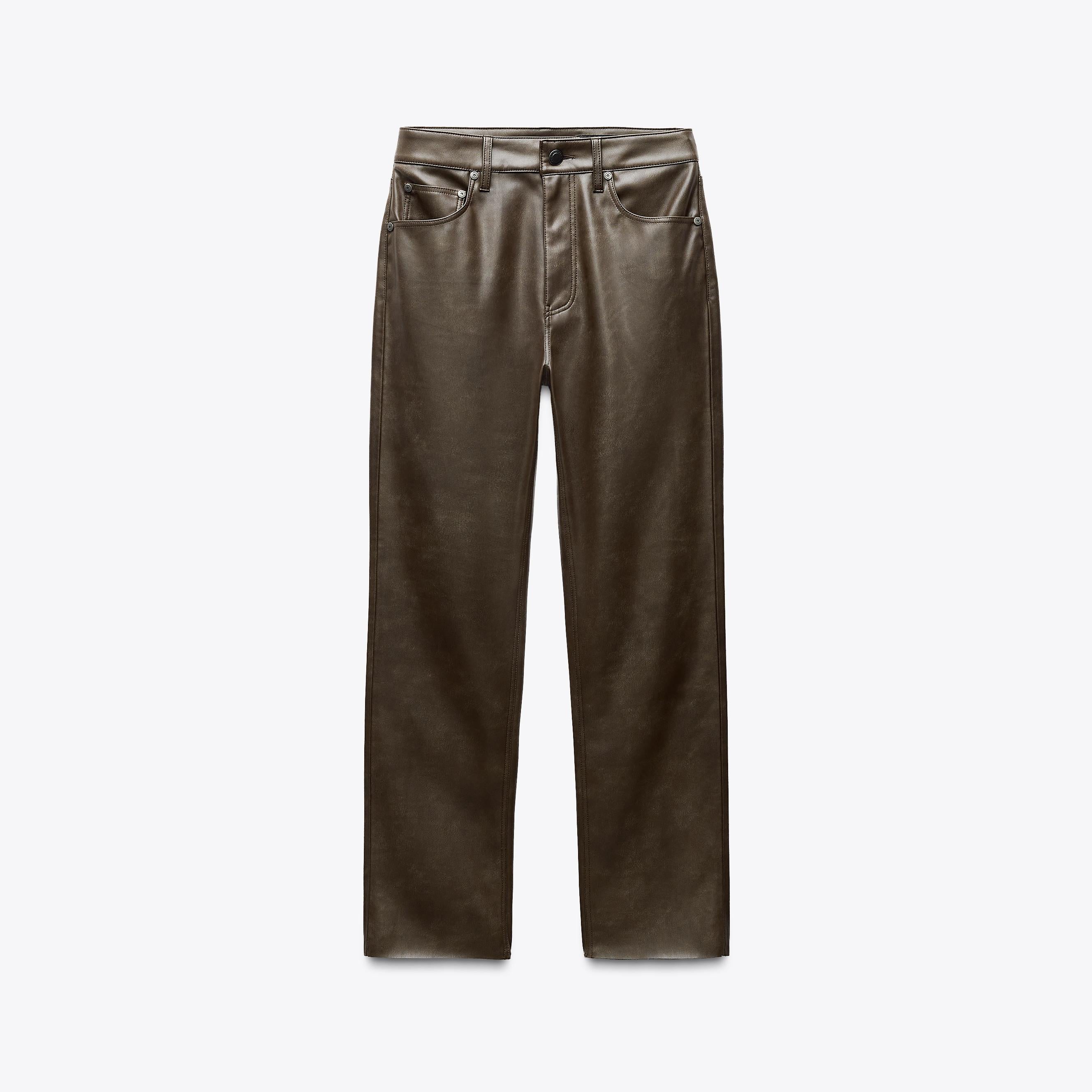 Women's Brown Faux Leather HIGH-WAISTED Bootcut Cropped Pants