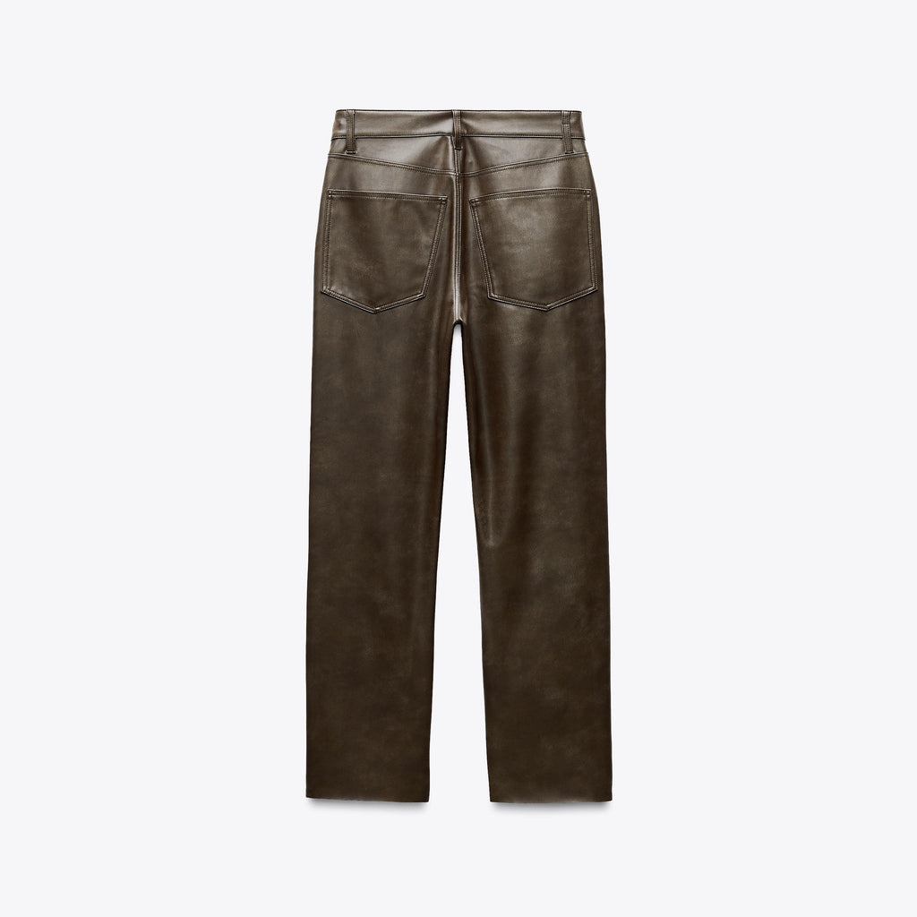 Women's Brown Faux Leather HIGH-WAISTED Bootcut Cropped Pants
