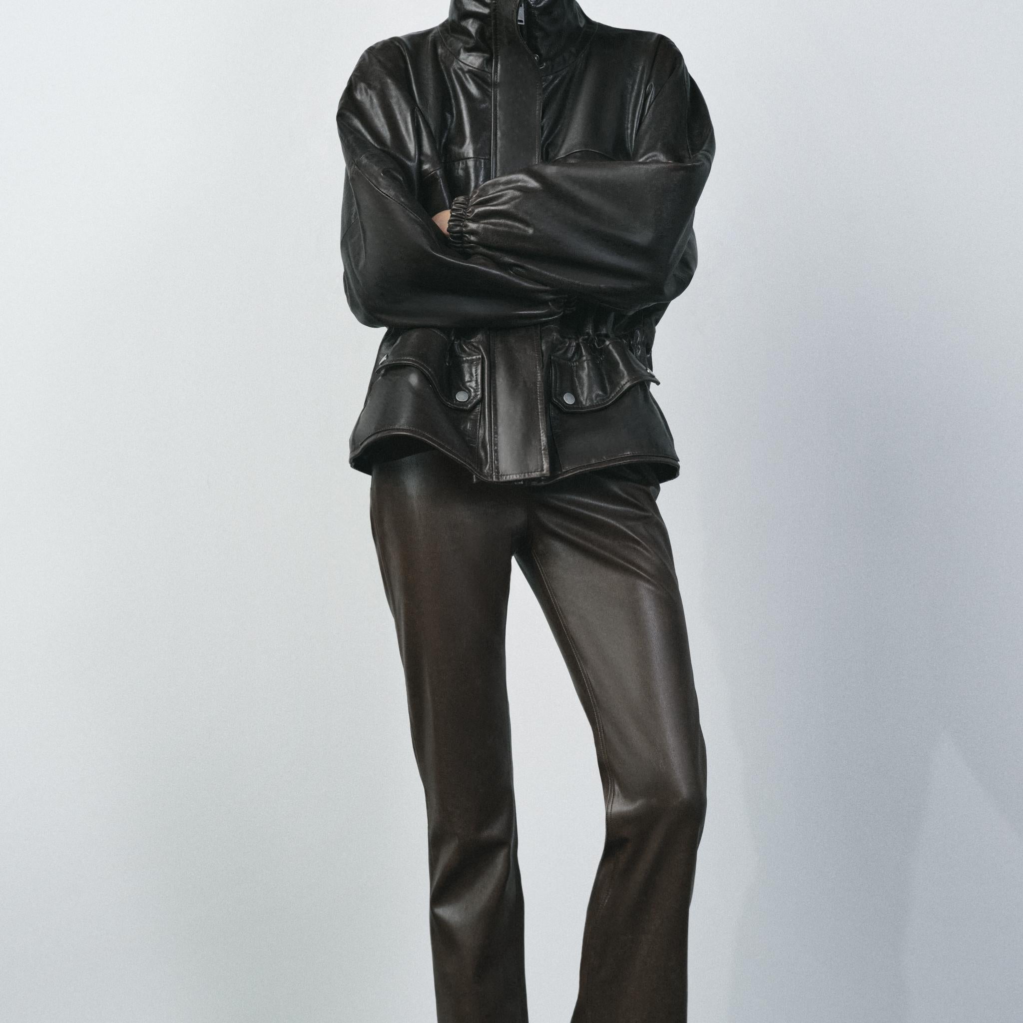 Women's Brown Faux Leather HIGH-WAISTED Bootcut Cropped Pants