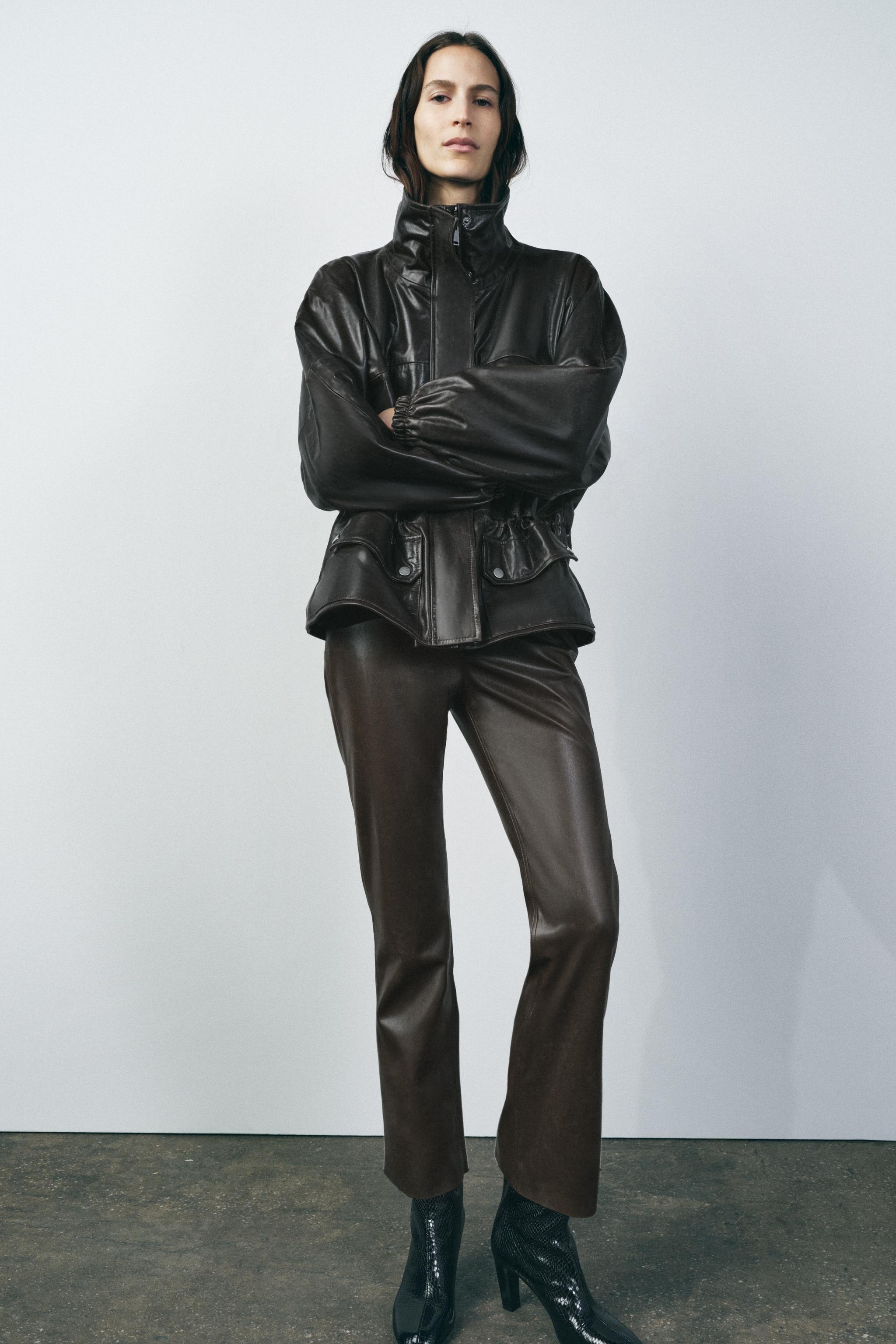 Women's Brown Faux Leather HIGH-WAISTED Bootcut Cropped Pants