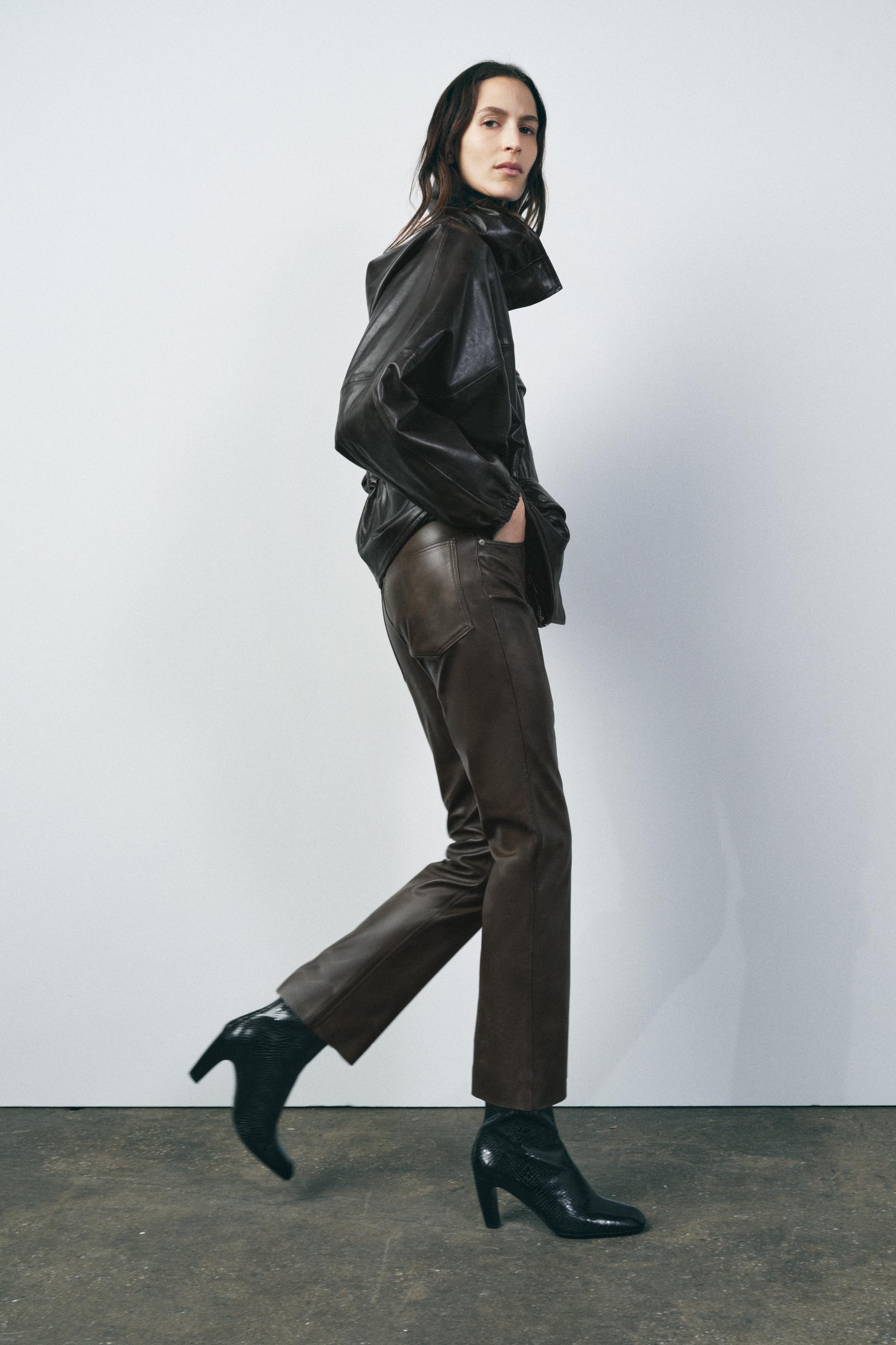 Women's Brown Faux Leather HIGH-WAISTED Bootcut Cropped Pants