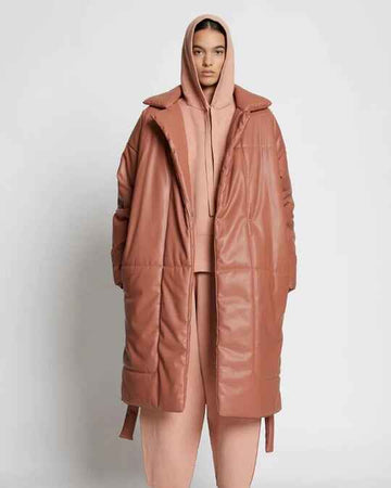 Women's Brown Faux Leather Puffer Trench Coat