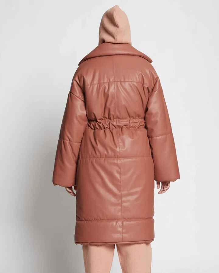 Women's Brown Faux Leather Puffer Trench Coat
