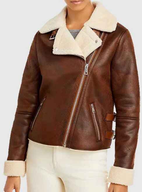 Women's Brown Fur Collar Sheepskin Leather Jacket