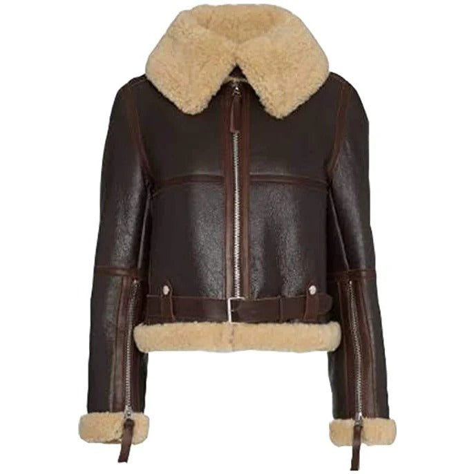 Women's Brown Fur Shearling Short Leather Jacket