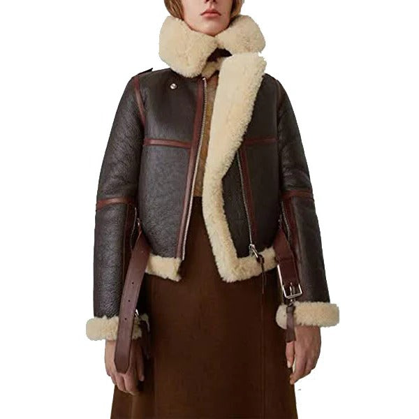 Women's Brown Fur Shearling Short Leather Jacket