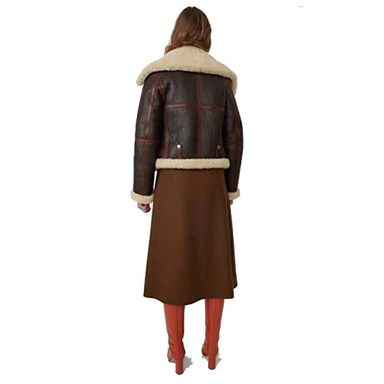 Damen Kurze Lederjacke aus braunem Pelz und Lammfell