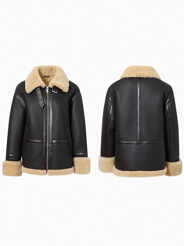 Women's Brown Fur & Shearling Short Leather Coat