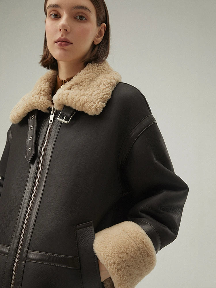 Women's Brown Fur & Shearling Short Leather Coat
