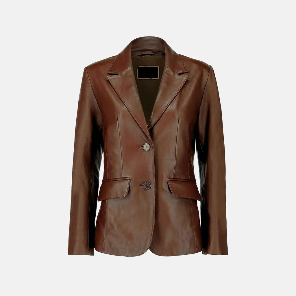 Women's Brown Lavinia Luster Double-Breasted Leather Blazer