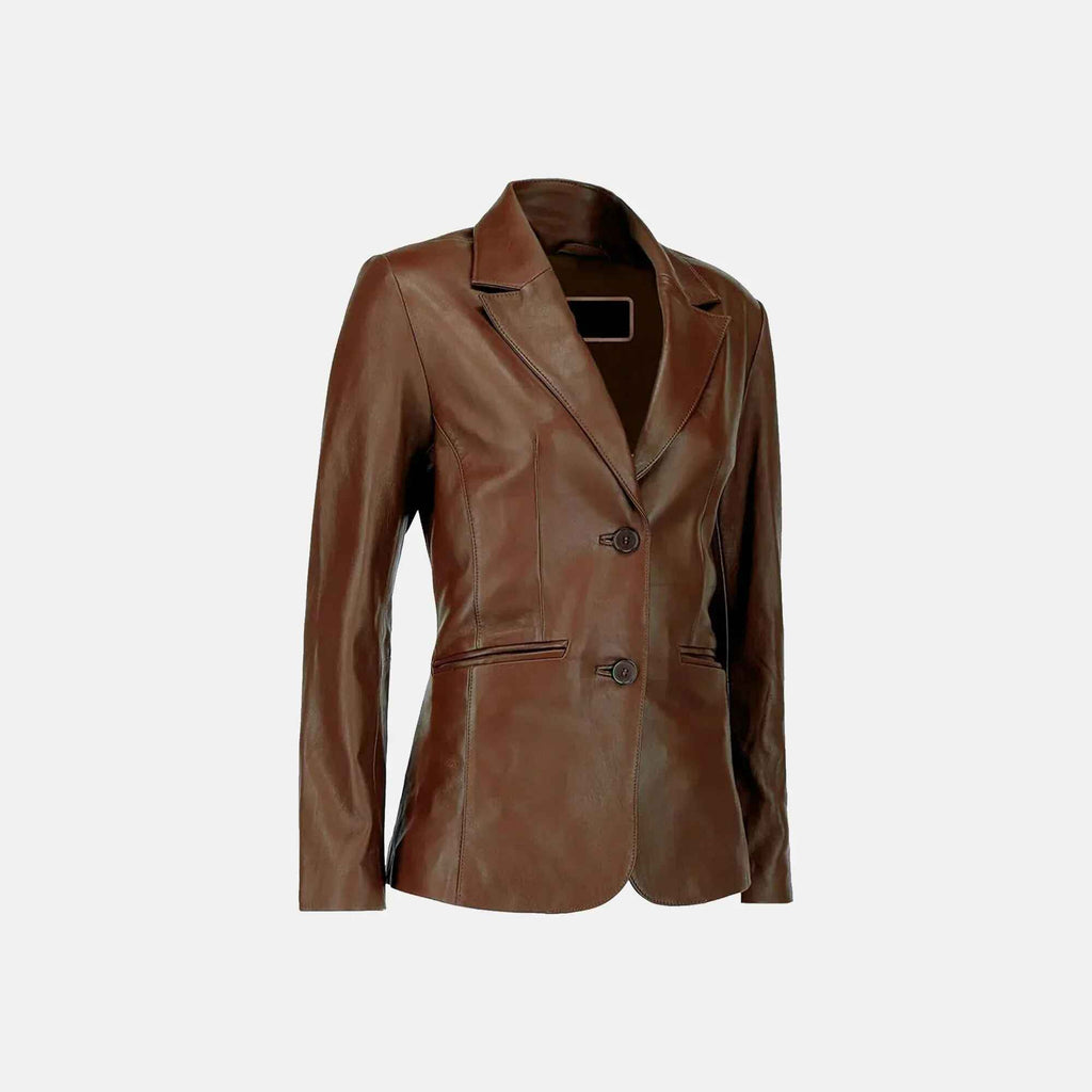 Women's Brown Lavinia Luster Double-Breasted Leather Blazer