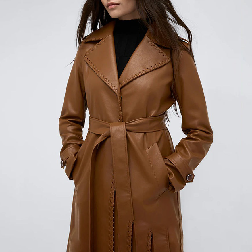 Women's Brown Leather Belted Trench Coat