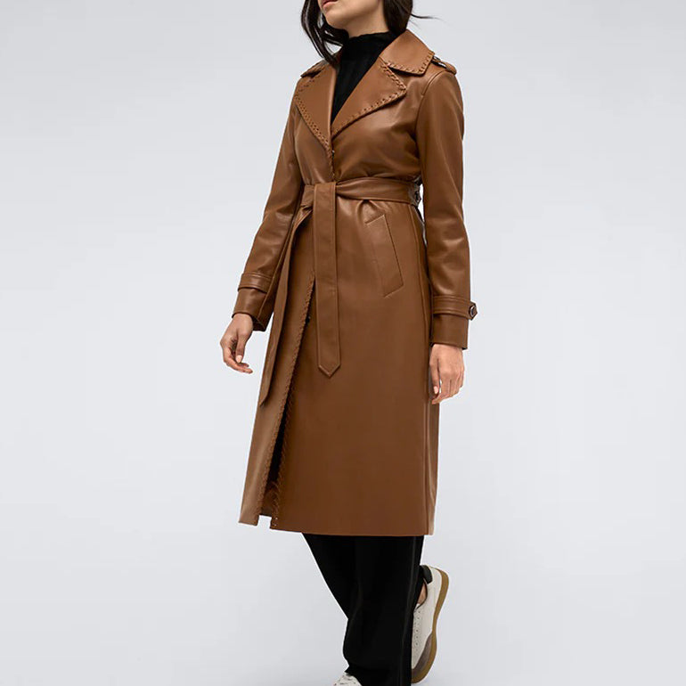 Women's Brown Leather Belted Trench Coat