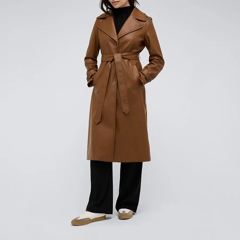 Women's Brown Leather Belted Trench Coat