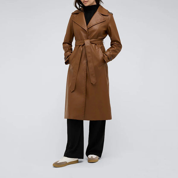 Women's Brown Leather Belted Trench Coat