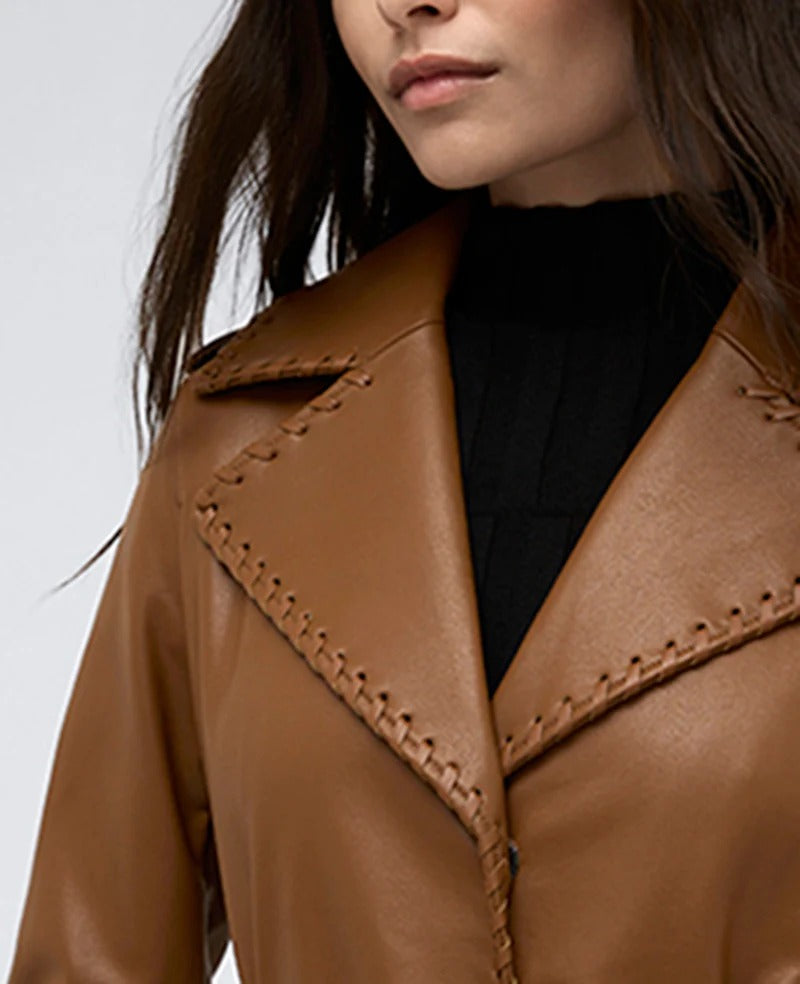 Women's Brown Leather Belted Trench Coat