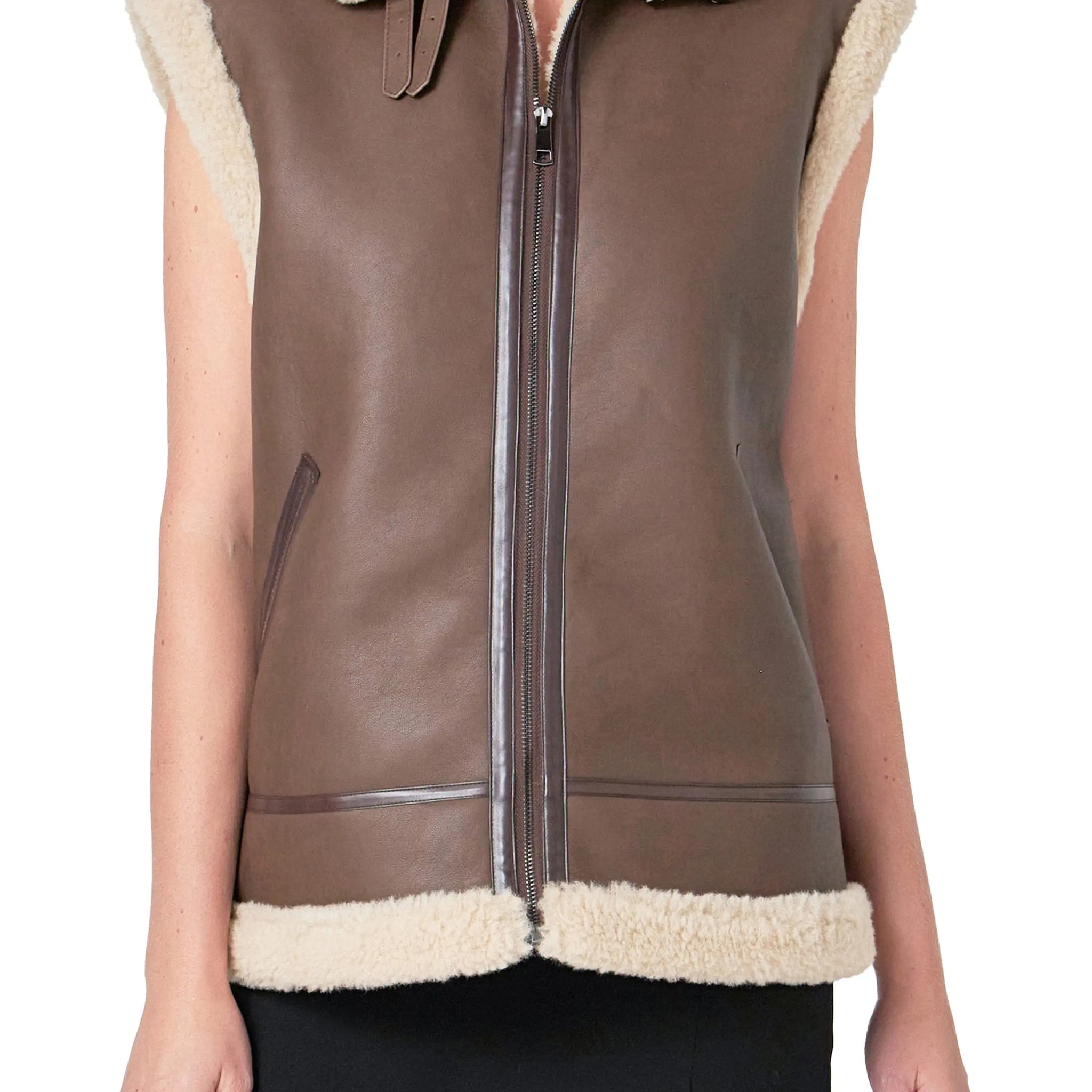 Women's Brown Lined Faux Shearling Leather Vest