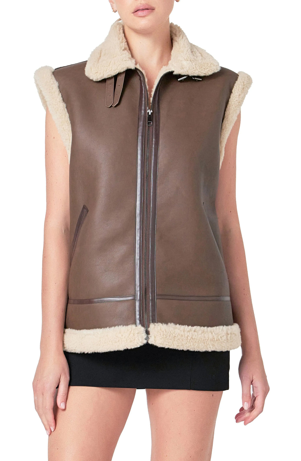 Women's Brown Lined Faux Shearling Leather Vest