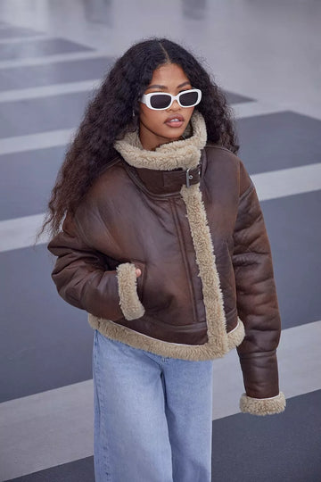 Women’s Brown Long Sleeves Shearling Leather Jacket