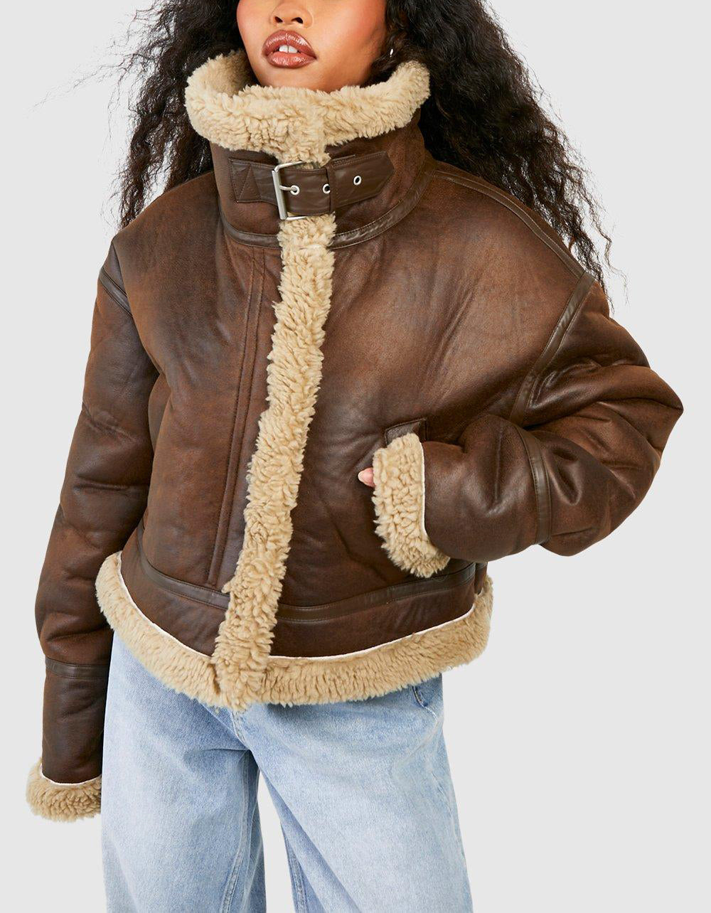 Women’s Brown Long Sleeves Shearling Leather Jacket