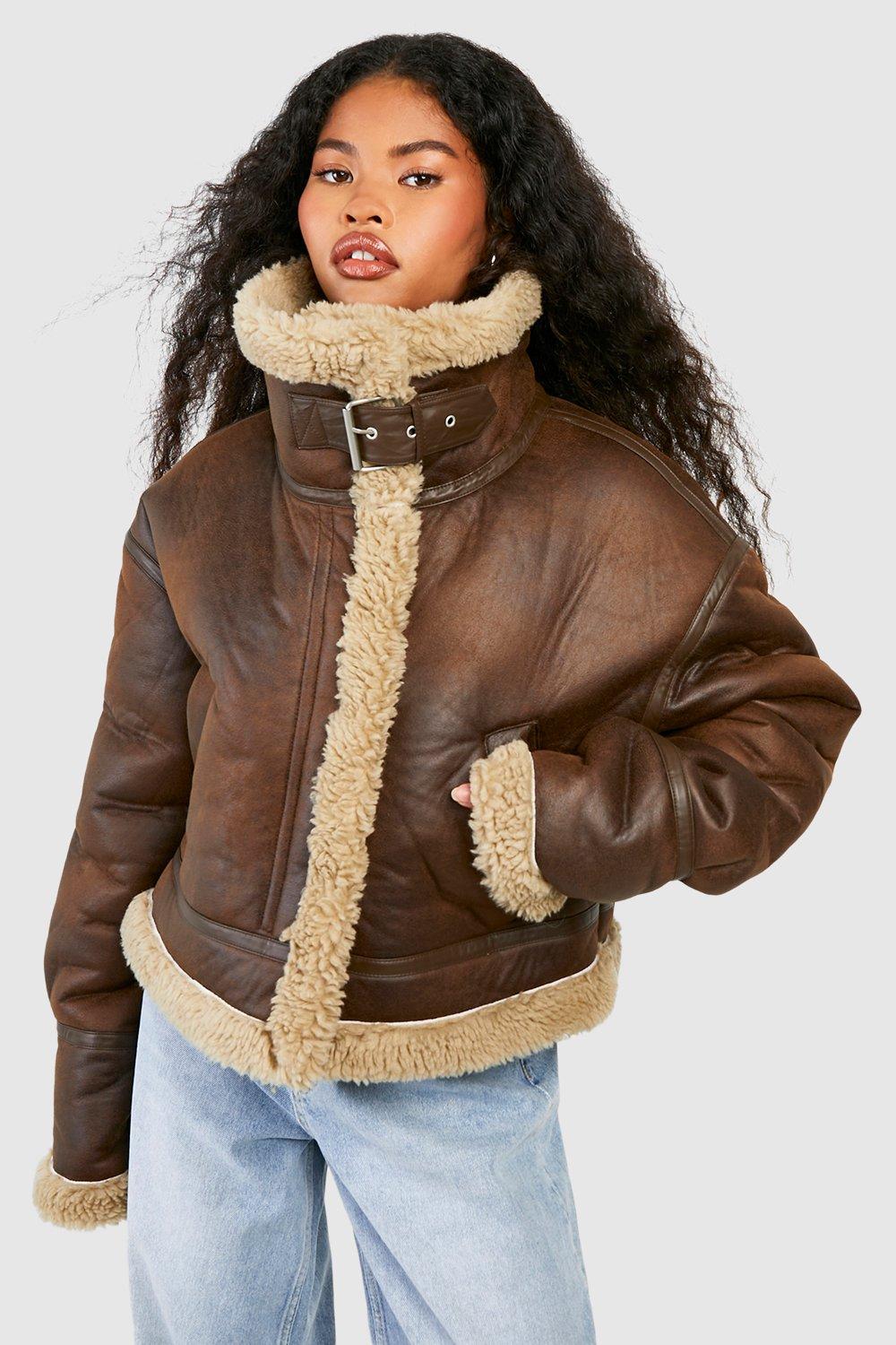 Women’s Brown Long Sleeves Shearling Leather Jacket