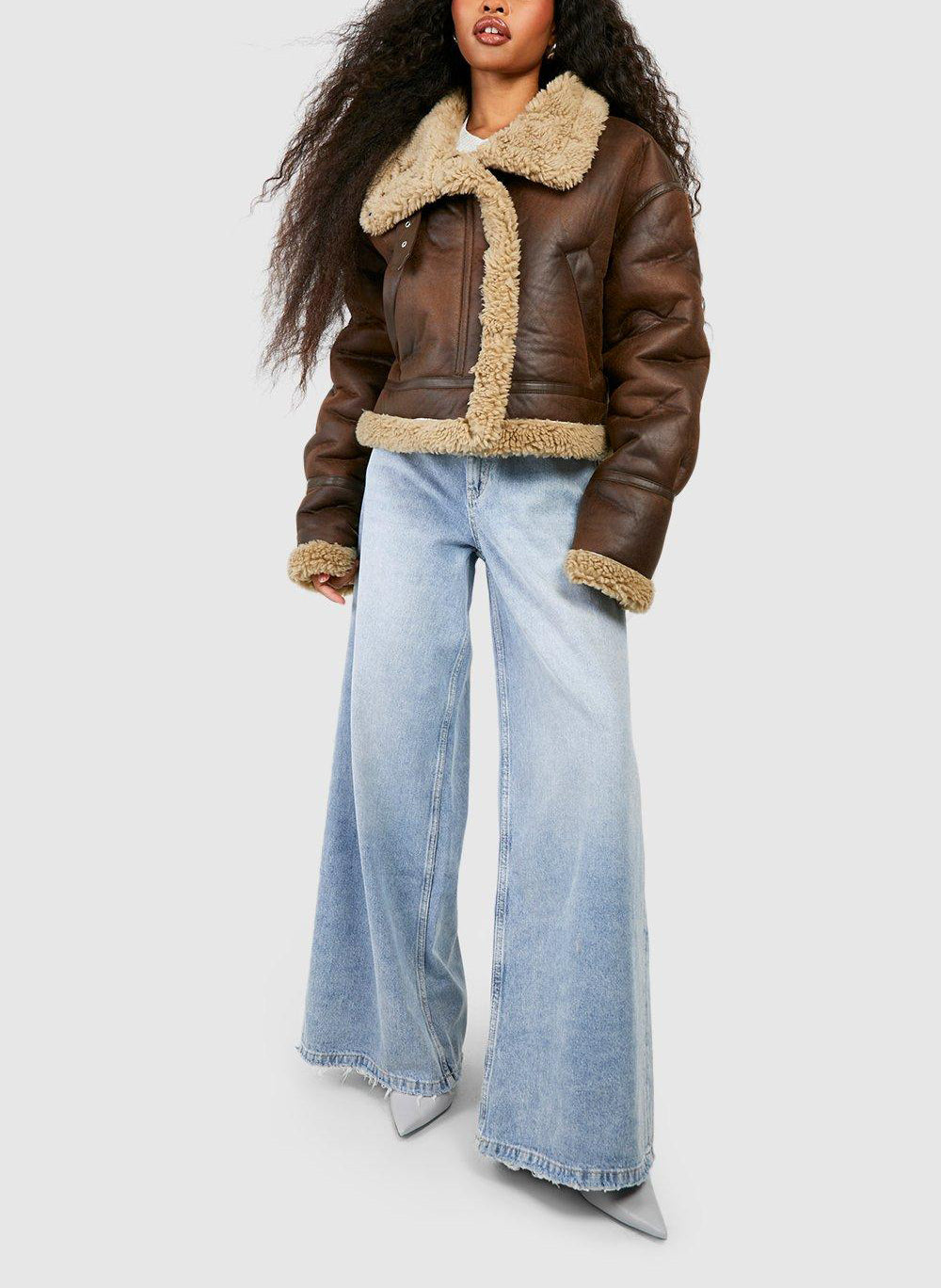 Women’s Brown Long Sleeves Shearling Leather Jacket