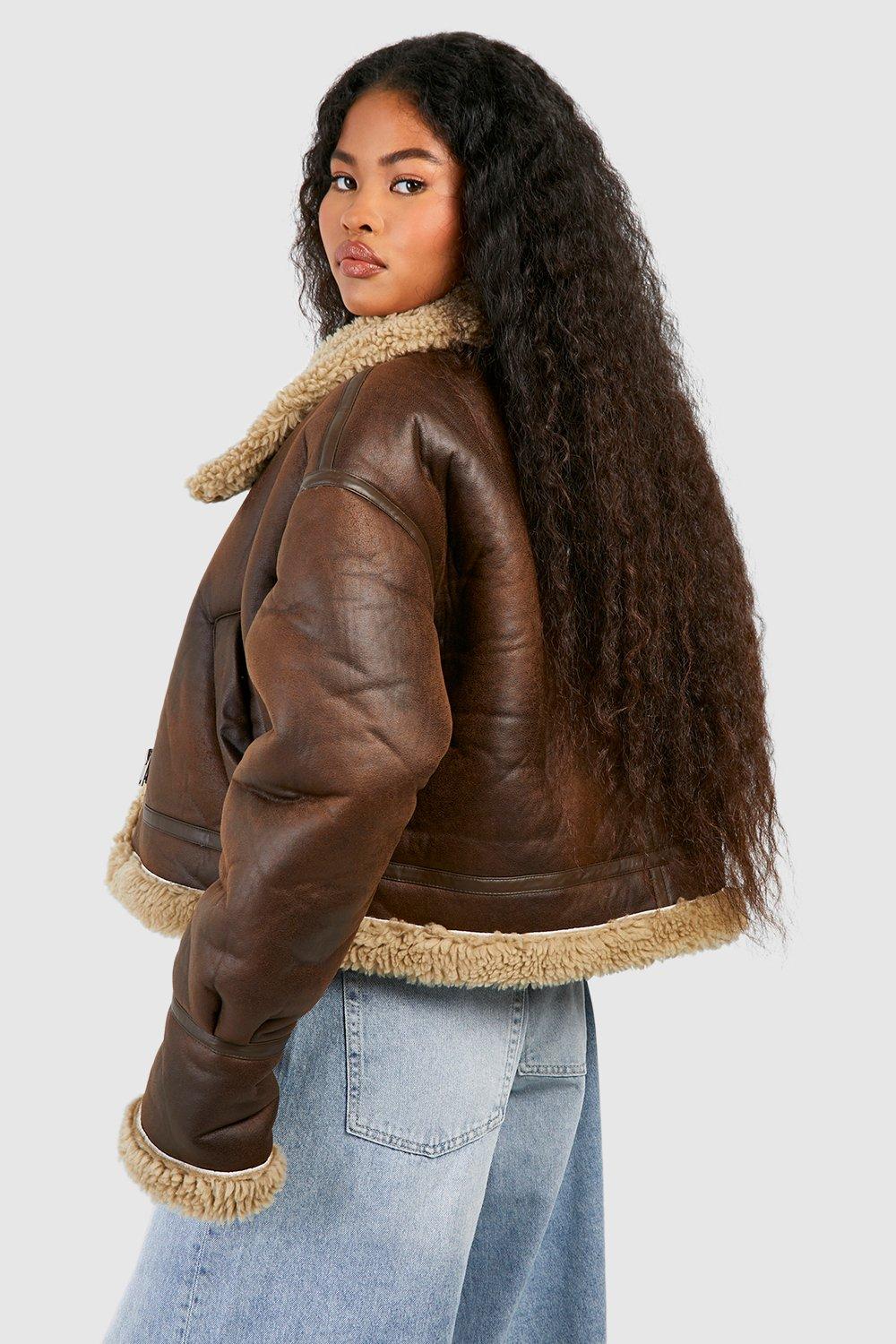 Women’s Brown Long Sleeves Shearling Leather Jacket