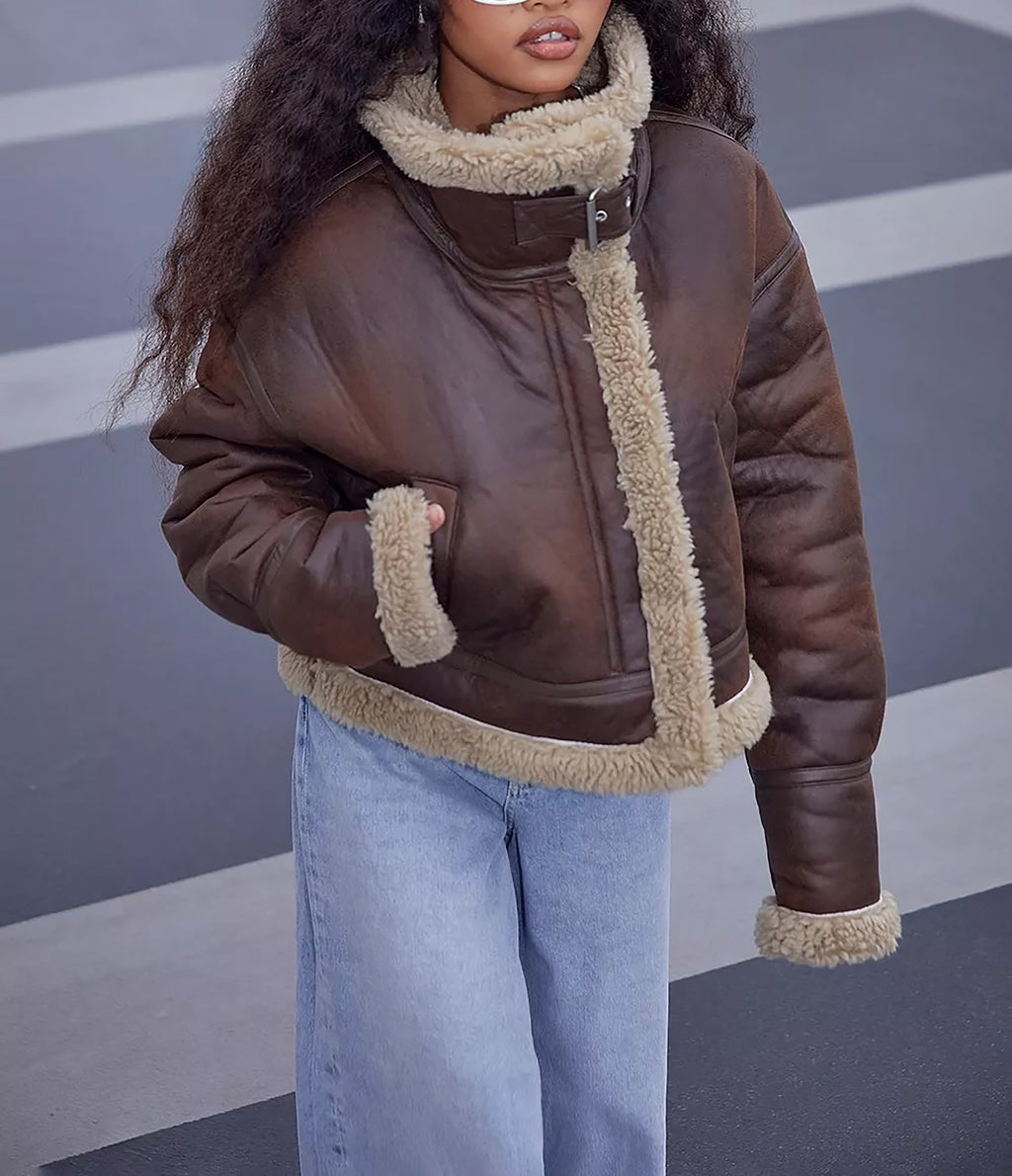 Women’s Brown Long Sleeves Shearling Leather Jacket