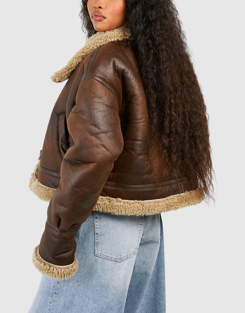 Women’s Brown Long Sleeves Shearling Leather Jacket