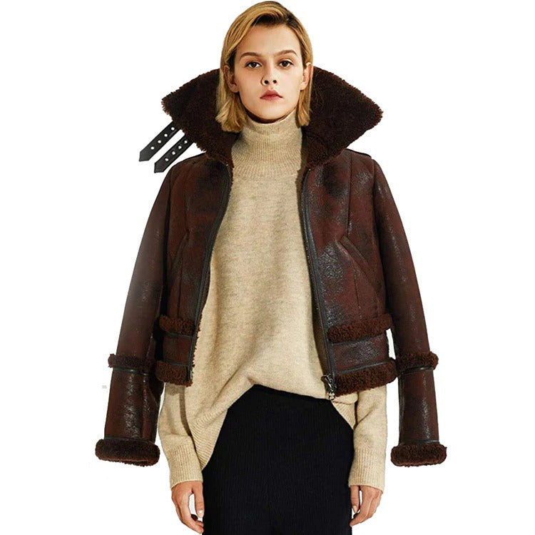 Women's Brown Moto Shearling Leather Jacket