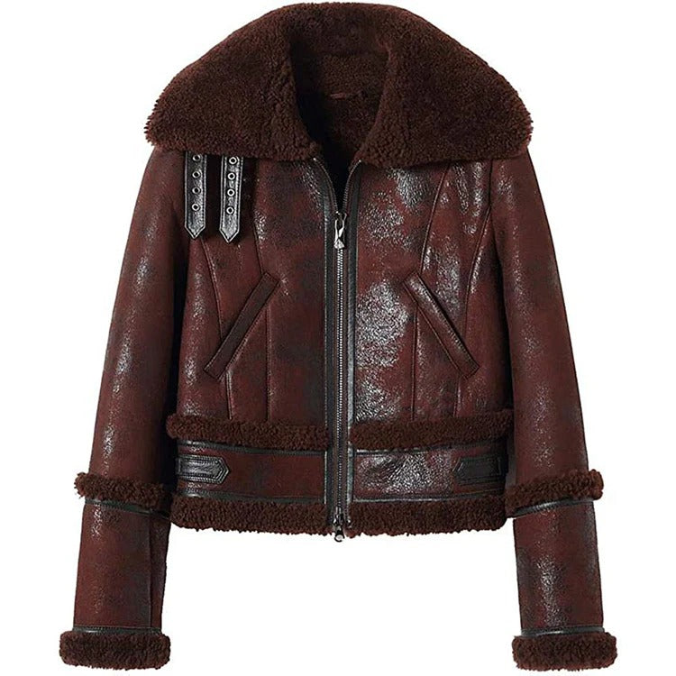 Braune Moto-Shearling-Lederjacke für Damen