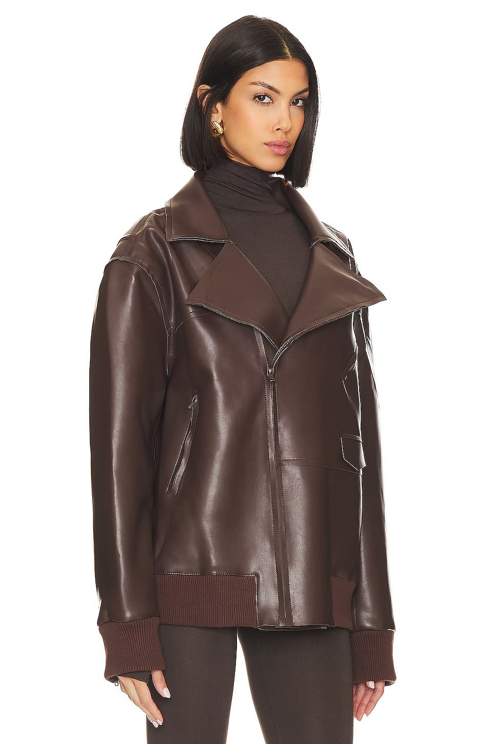 Women's Brown Oversized Faux Leather Bomber Jacket