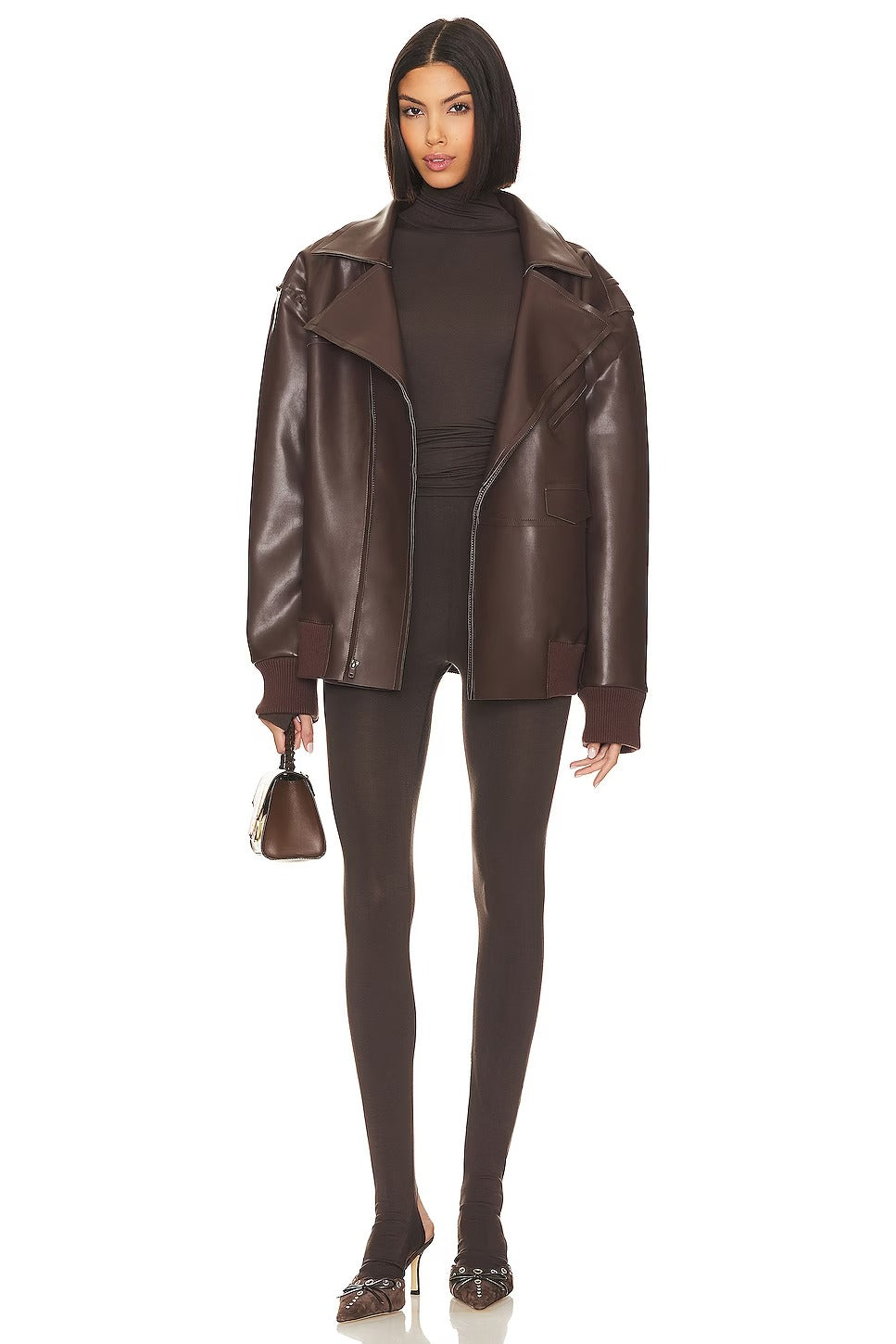 Women's Brown Oversized Faux Leather Bomber Jacket