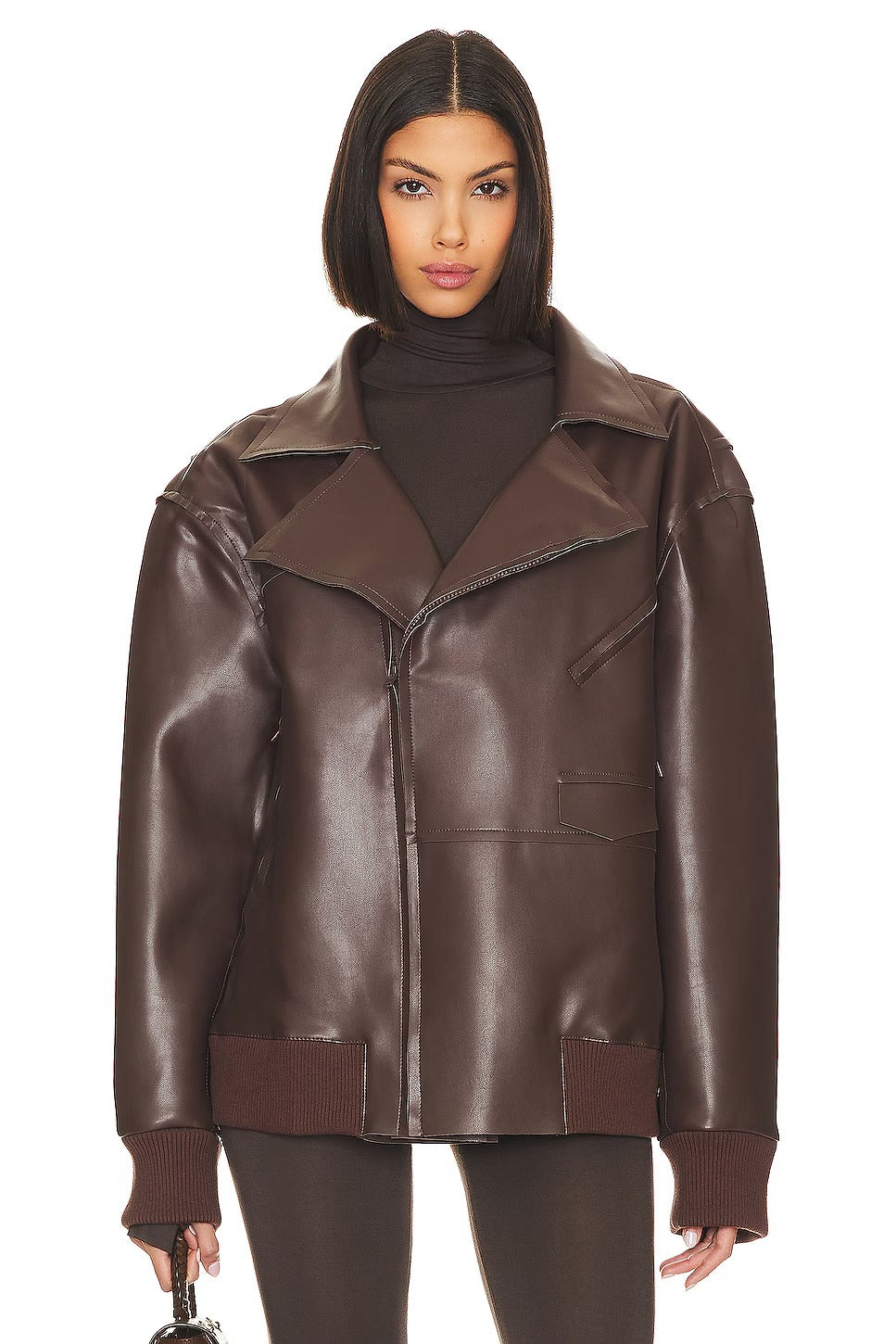 Women's Brown Oversized Faux Leather Bomber Jacket