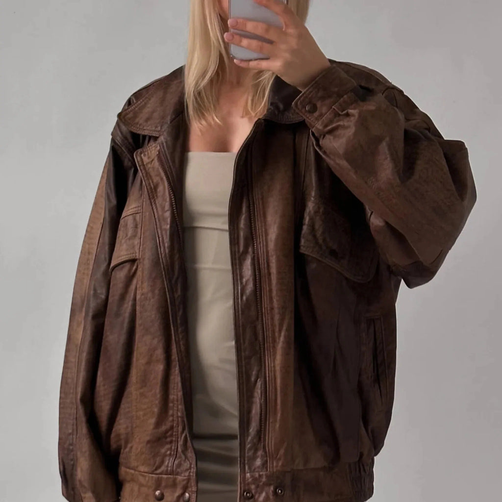 Women's Brown Real Lambskin Distressed Oversized Leather Jacket