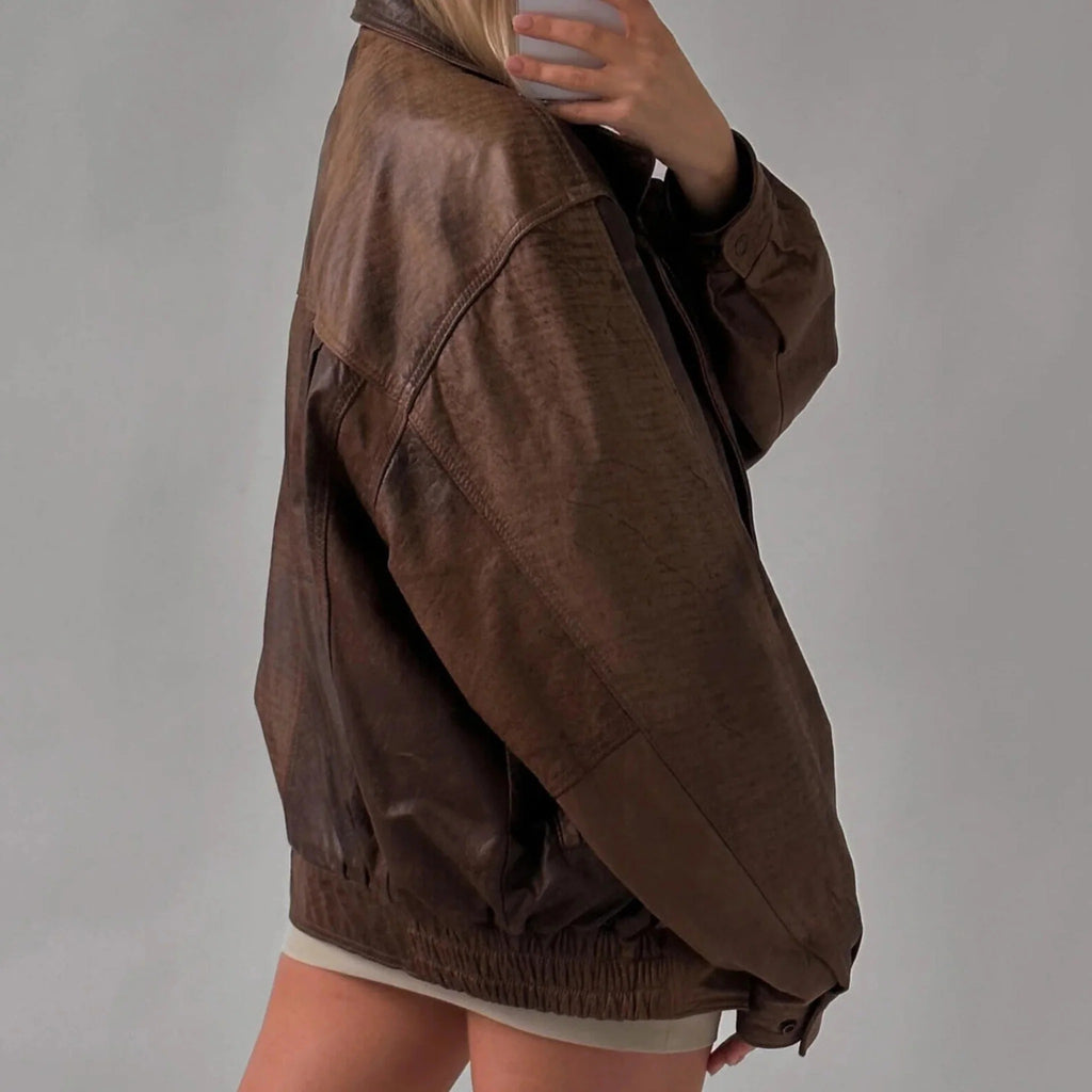 Women's Brown Real Lambskin Distressed Oversized Leather Jacket