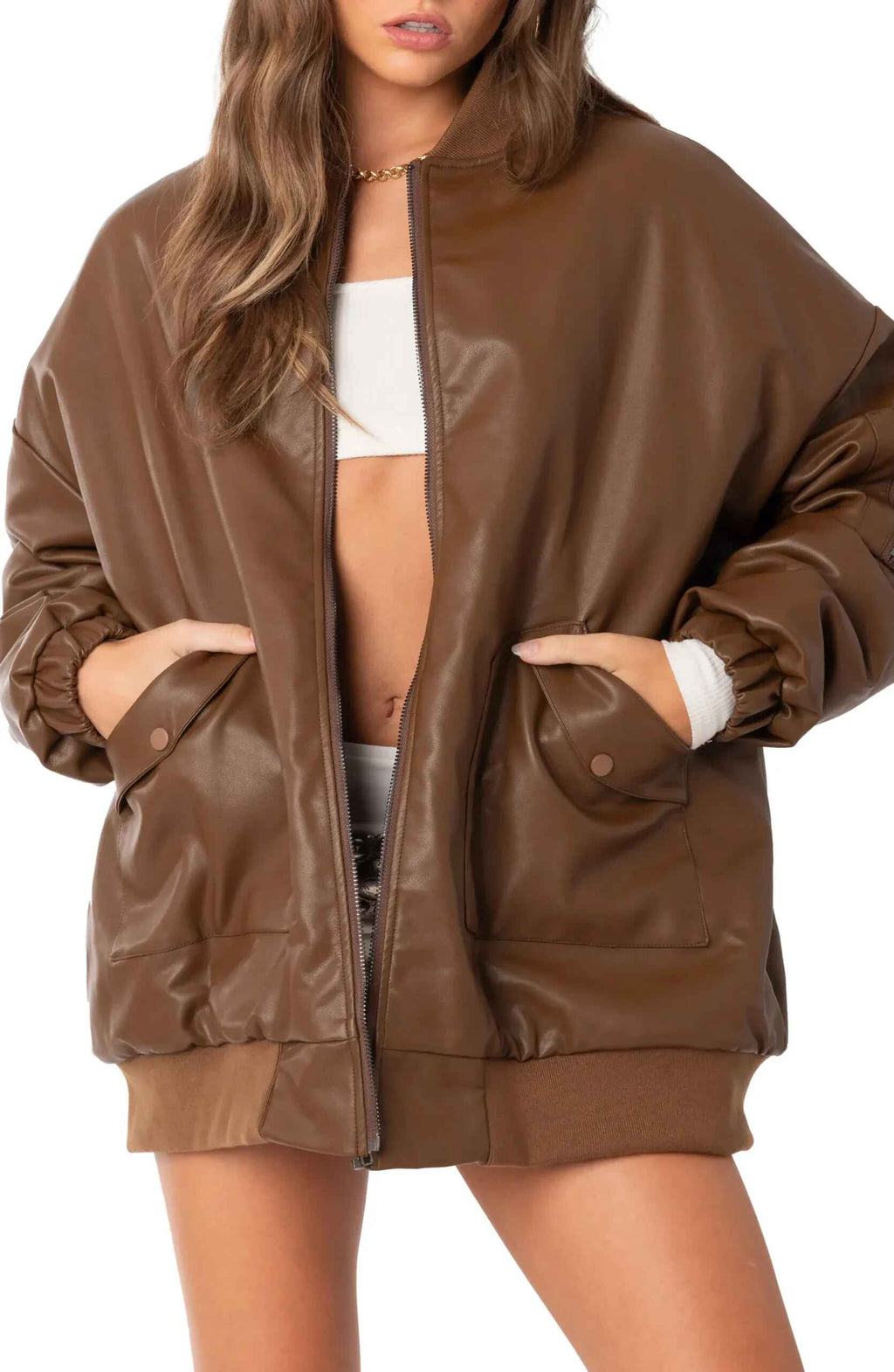 Women's Brown Rubbed Trims Oversized Comfortable FitLeather Jacket