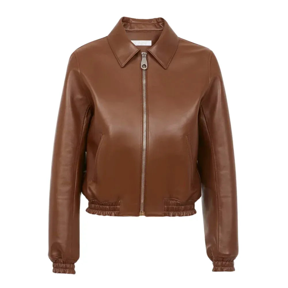 Women's Brown Short Blouson Leather Bomber Jacket