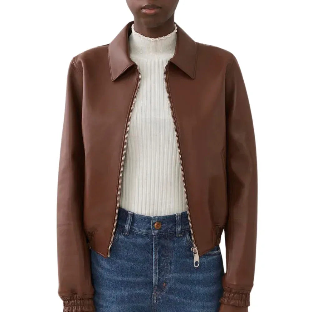 Women's Brown Short Blouson Leather Bomber Jacket