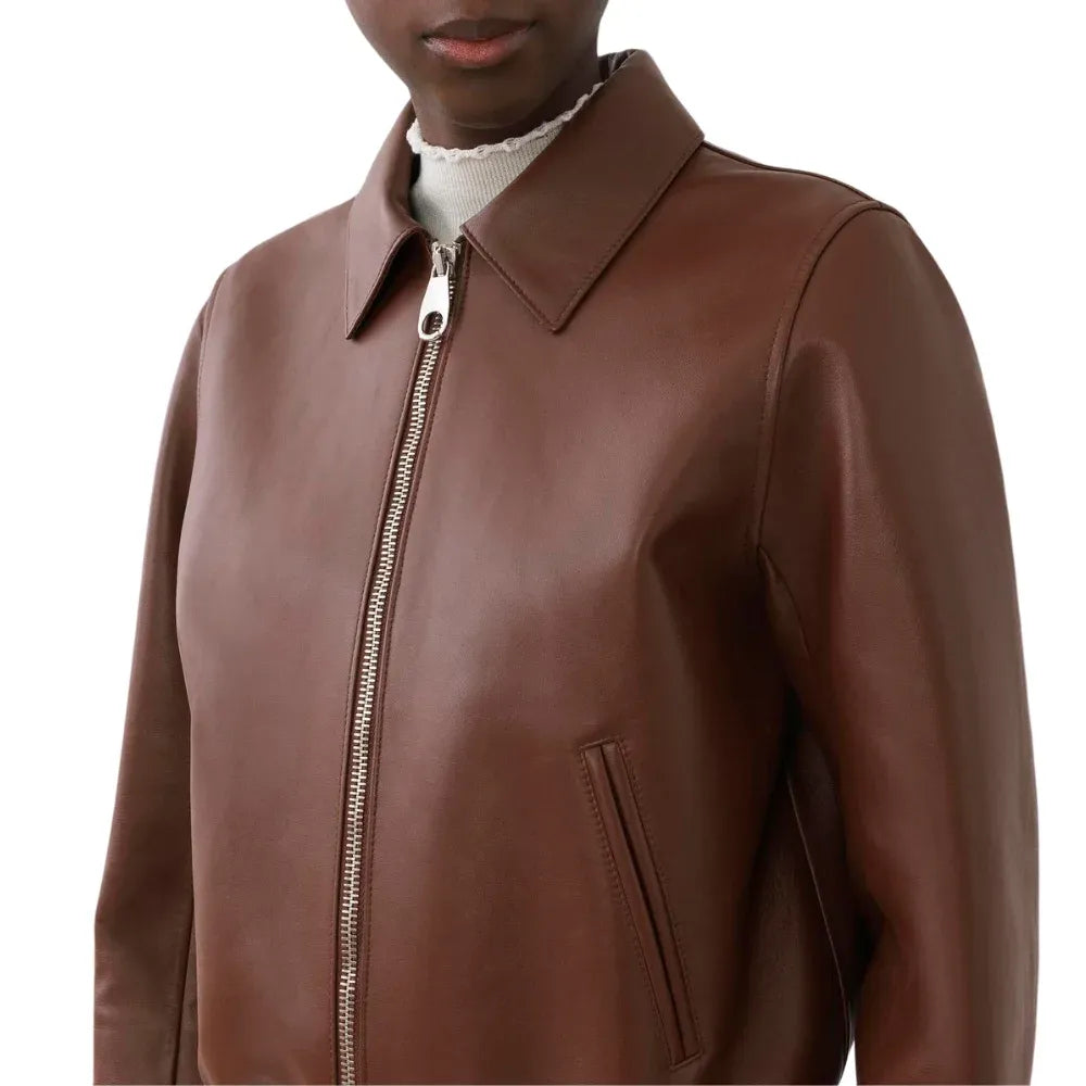 Women's Brown Short Blouson Leather Bomber Jacket
