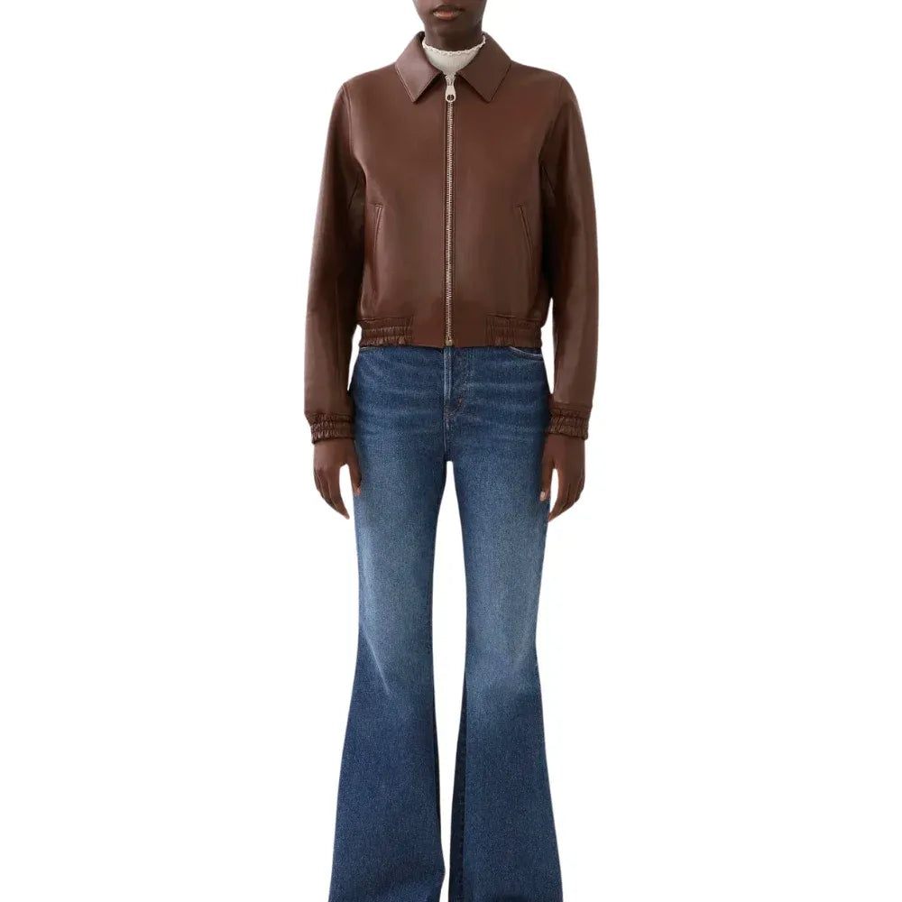 Women's Brown Short Blouson Leather Bomber Jacket