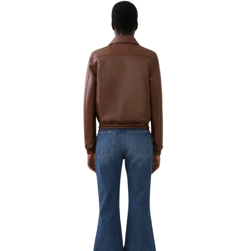 Women's Brown Short Blouson Leather Bomber Jacket
