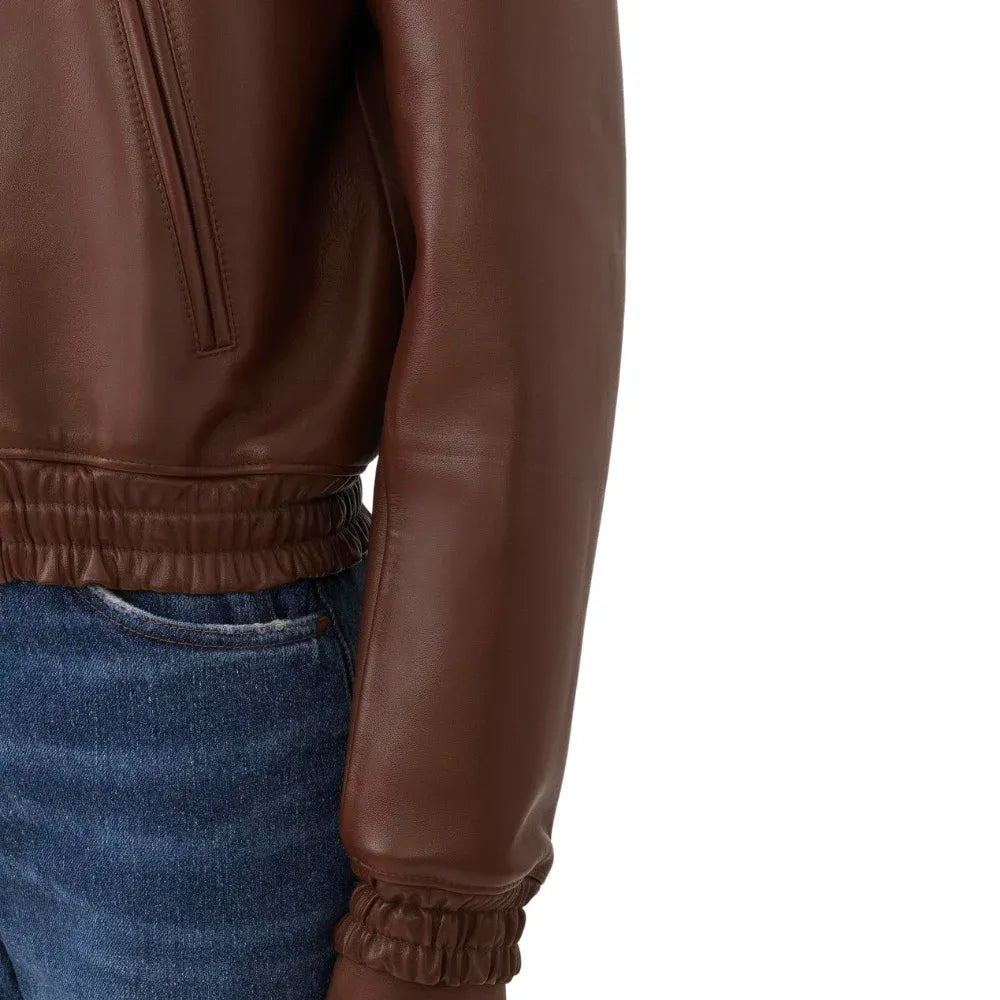 Women's Brown Short Blouson Leather Bomber Jacket