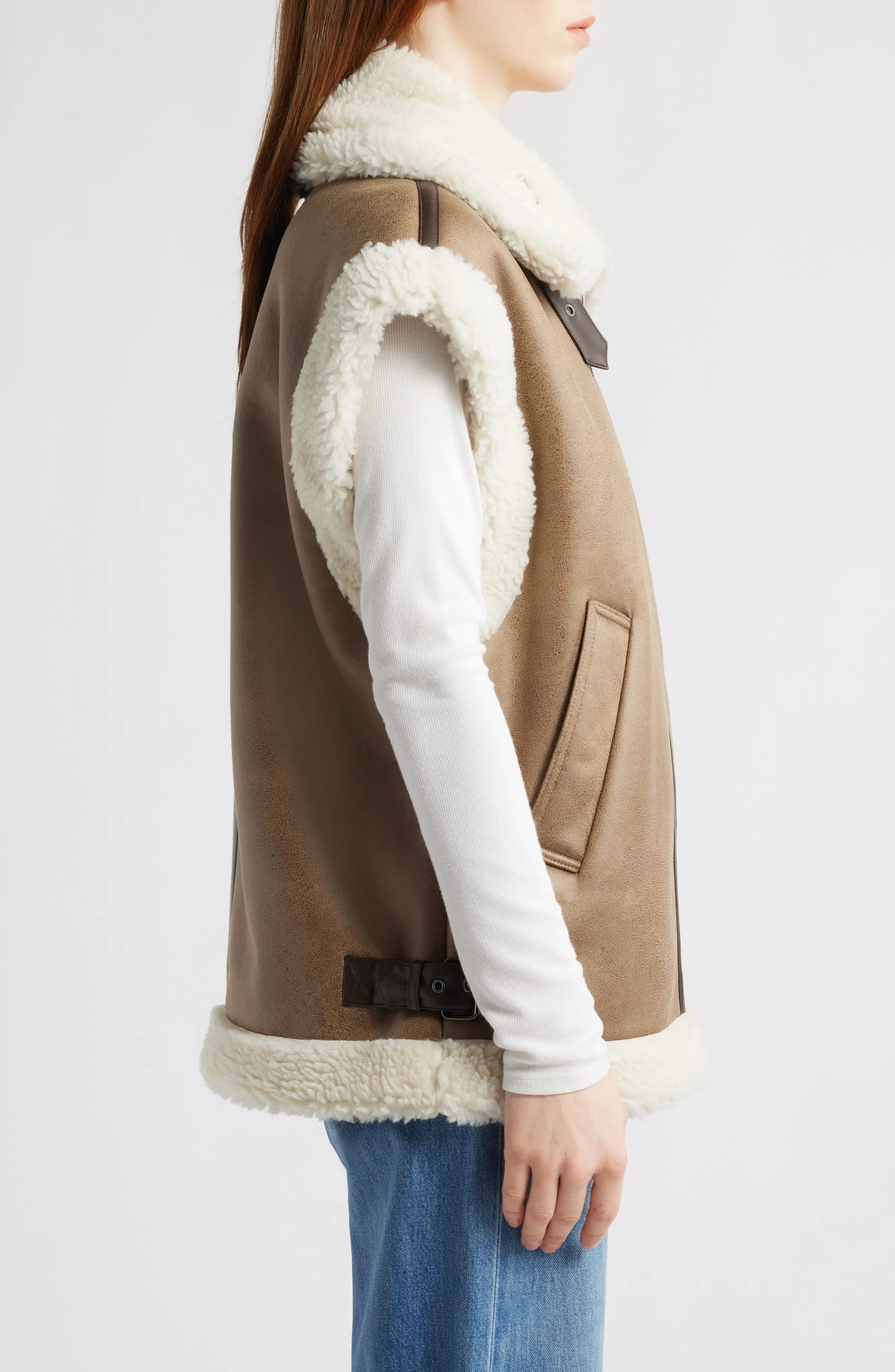 Women's Brown Spread Collar Faux Shearling Leather Vest