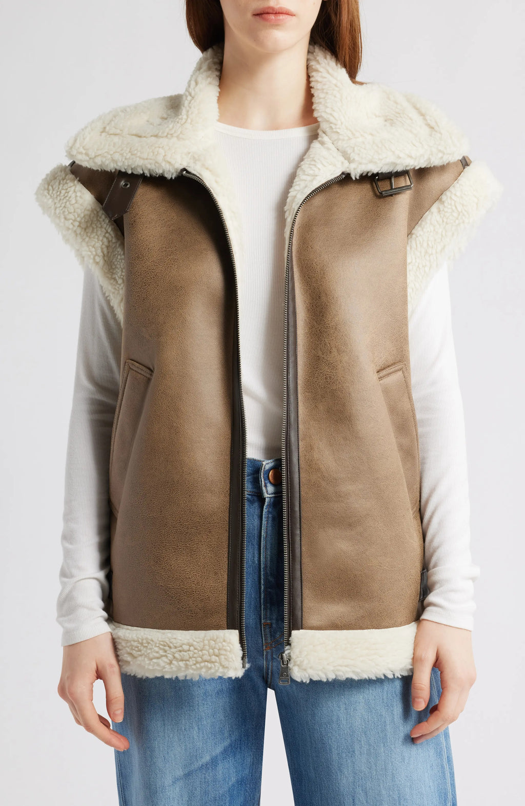Women's Brown Spread Collar Faux Shearling Leather Vest