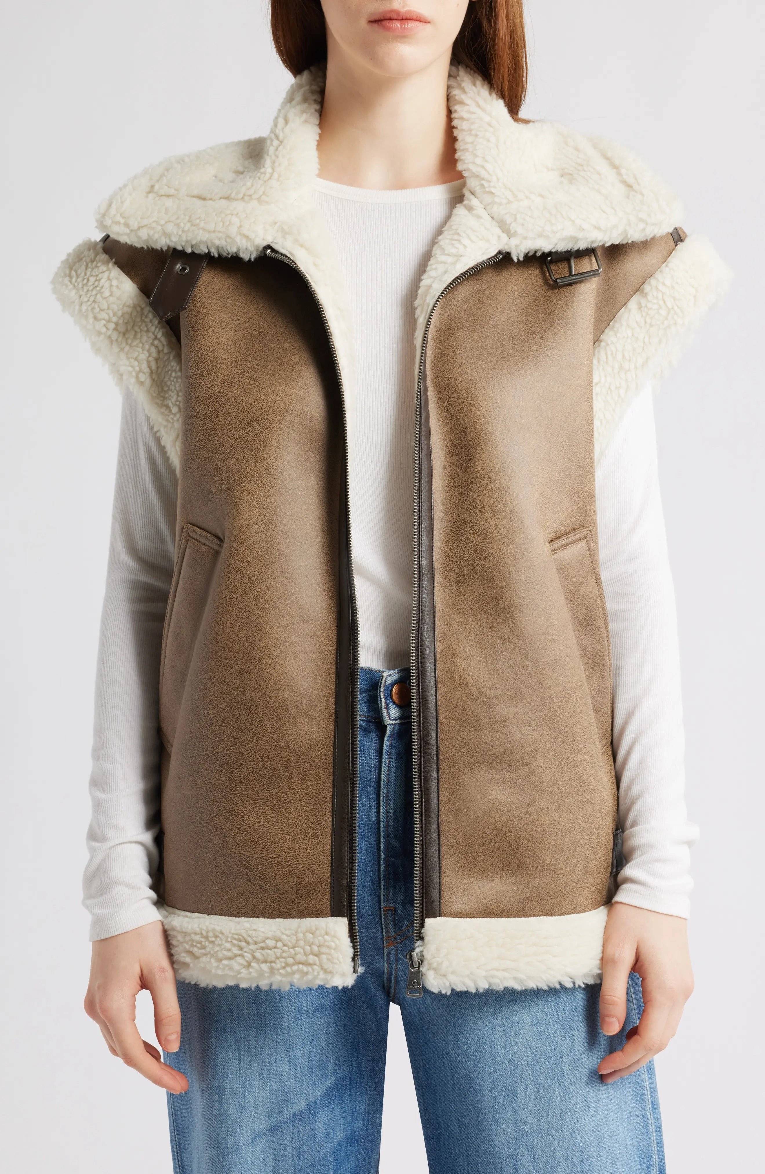 Women's Brown Spread Collar Faux Shearling Leather Vest