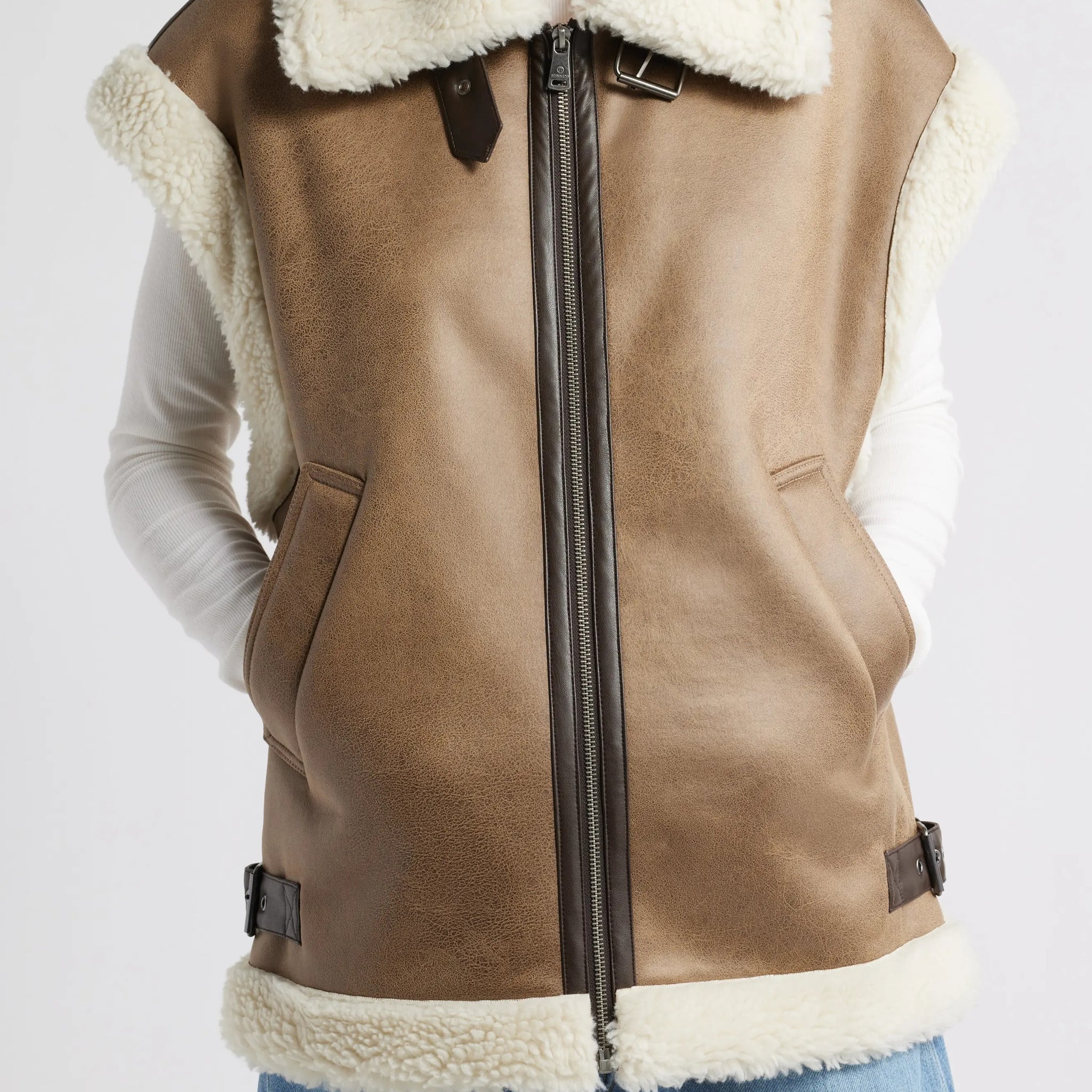 Women's Brown Spread Collar Faux Shearling Leather Vest