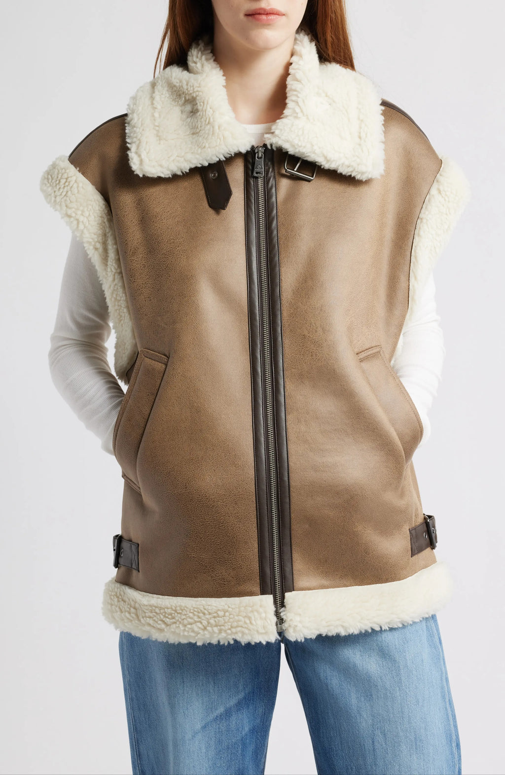Women's Brown Spread Collar Faux Shearling Leather Vest